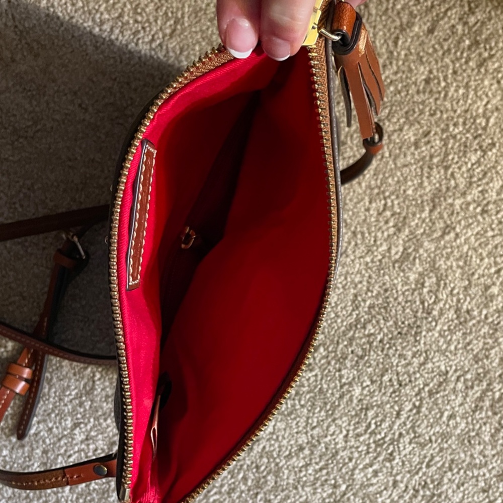 Dooney & Bourke Pebble Leather Crossbody Bag in Taupe with Orange Strap - Picture 3 of 4